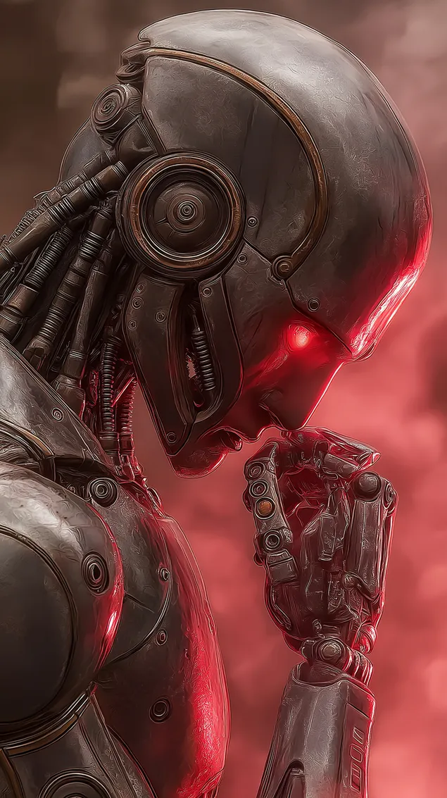 Hình nền Cận cảnh một Android khoa học viễn tưởng trầm ngâm với ánh sáng bên trong phát sáng HD