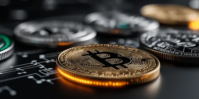 detail bitcoin mince spocivajici na pozadi elektronickych obvodu stahnout