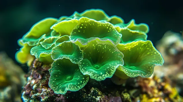 صورة مقربة لطحالب كوديوم الهشة ذات الملمس الإسفنجي والتوهج الزمردي 8K خلفية