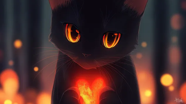 Pamje nga afër e një maceje që adhuron një objekt zemre të ndezur dhe të zjarrtë 2K sfond