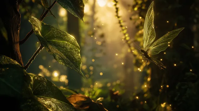 Nærbilde av skogsblader med magisk glødende støv og sollys 2K bakgrunn