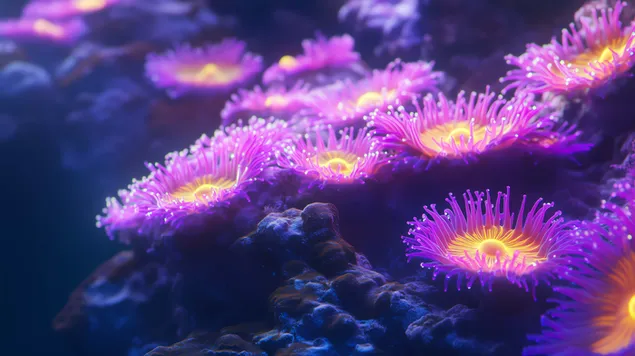 detailny zaber na ziariace sasanky v neonovo fialovej a zltej farbe stiahnut