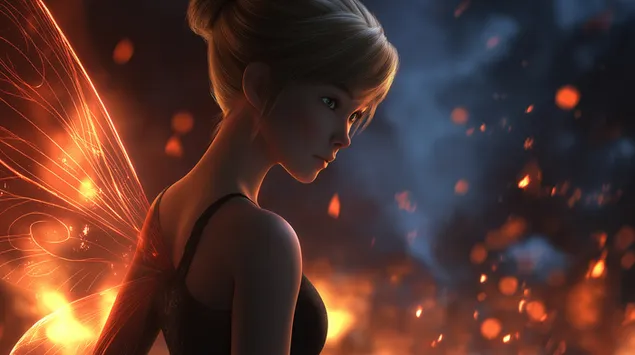 Taustakuva Lähikuva Helinä-keijua muistuttavasta keijusta, jolla on hehkuvat siivet ja tulen kipinät 2K