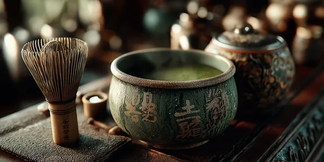 zblizenie na tradycyjna, teksturowana miske do herbaty z parujaca pianka pobierz