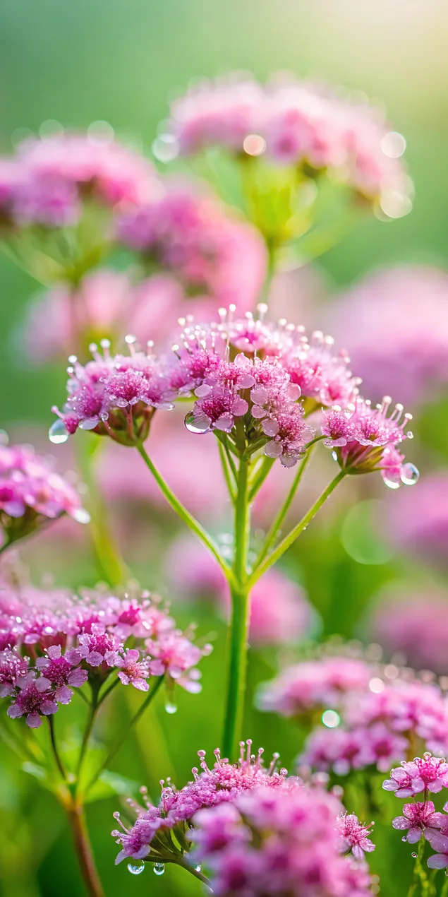 Close-up bunga merah muda cerah dengan tetesan air di taman 2K wallpaper