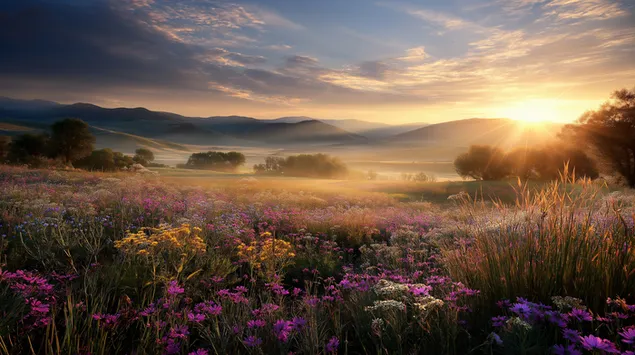 Крупни план дивљег цвећа у златној светлости заласка сунца 2K позадина