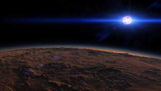 Close-up van planeet en ronde bal van licht die blauwe lichtlijn trekt