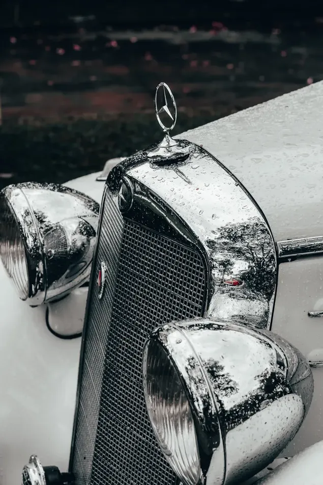 Close up view of a vintage white Mercedes download