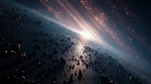 Vista ravvicinata di un campo di asteroidi su un pianeta oscuro con anelli luminosi 2K sfondo