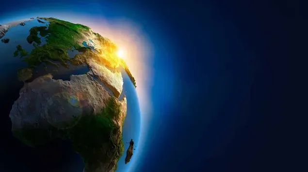 Nahaufnahme der Erde im Weltraum mit markanten Kontinenten und Grünflächen 8K Hintergrundbild