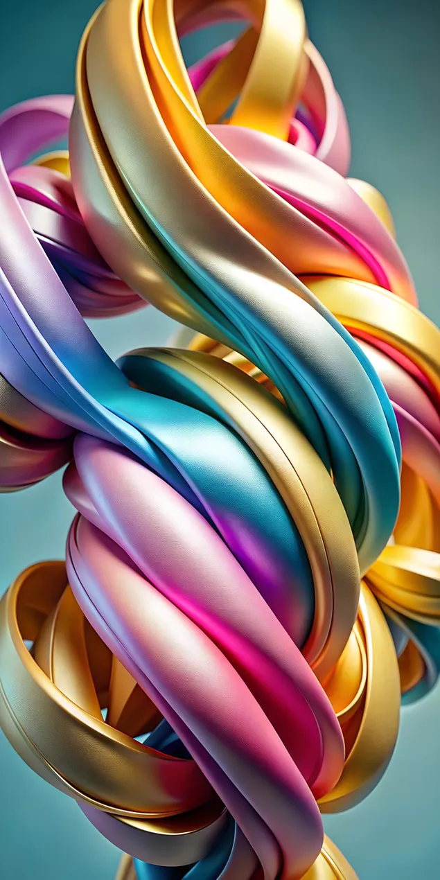 Grup fjongosh abstrakte shumëngjyrëshe si saten në blu cerulean, rozë pastel dhe të verdhë të artë 2K sfond