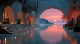 pobrezni architektura s reflexnim bazenem a vyhledem na zapad slunce stahnout
