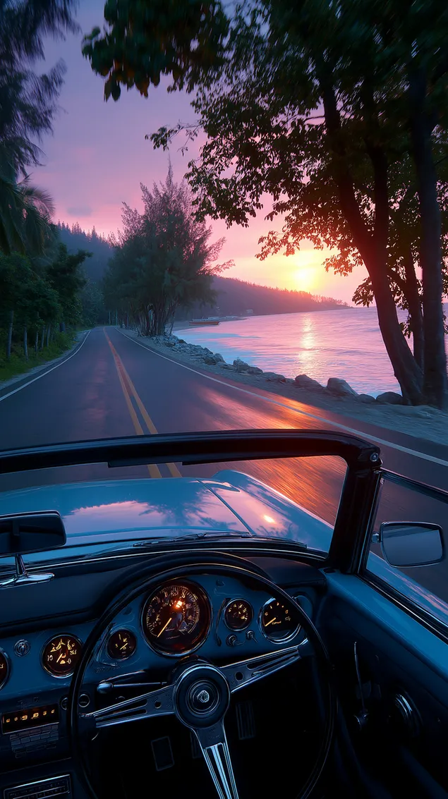 strada costiera al tramonto con carreggiata riflettente e oceano scarica