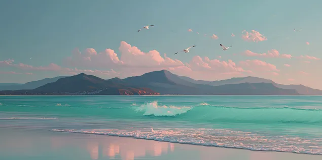 Escena costera con suaves olas y montañas distantes 2K fondo de pantalla