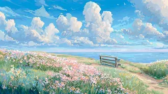 coastal vista with bench, blossoms, and ocean view