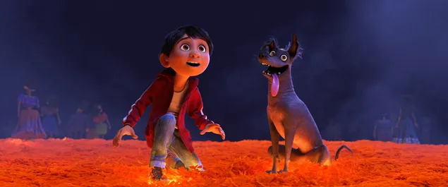 Coco Animationsfilm Kinderheld und süßer Hund auf orangefarbenen Blättern herunterladen