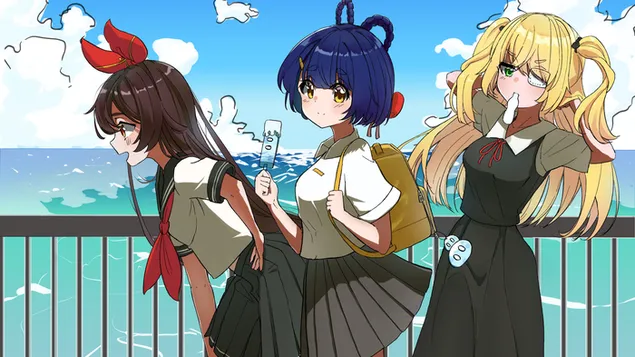 فتيات الكولاج العنبر وشيانغلينج والفيشل معًا على جانب الشاطئ (غانشين إمباكت) 2K خلفية