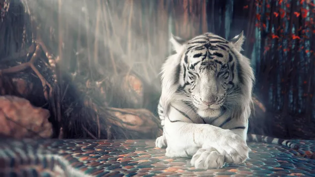 Farbige Computeranimationsillustration und weißer Anime-Tiger, der bei Tageslicht schläft