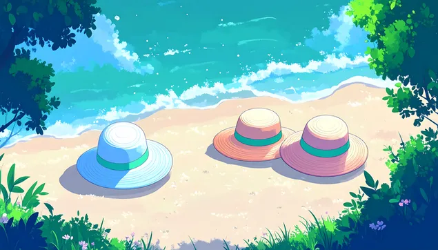 sareni sesiri za plazu na pjescanoj obali blizu prizora okeanskih valova preuzmi