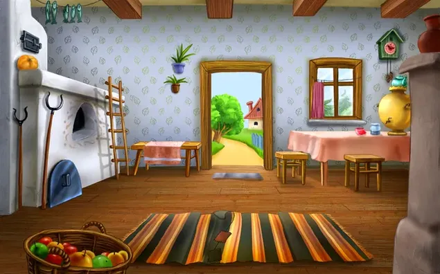 Colorful cartoon design with open door and household items HD wallpaper