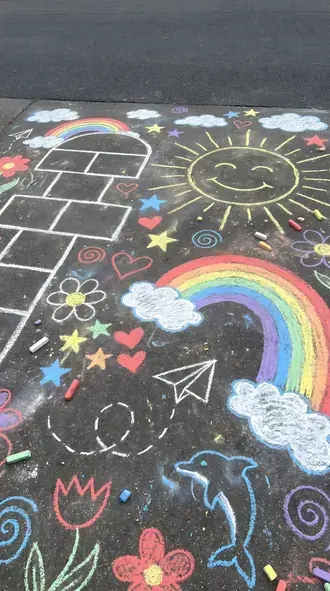 colorful chalk drawings of rainbows and sunshine on a playground for children's day download