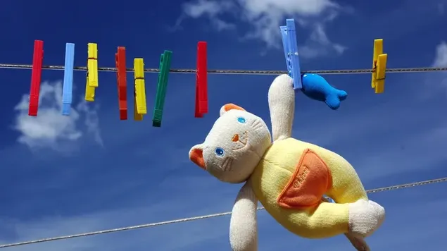 カラフルな洗濯はさみと曇りの天候でロープにぶら下がっている人形 ダウンロード