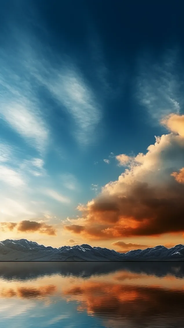 Bunte Wolken und Spiegelung der Berge im See 2K Hintergrundbild