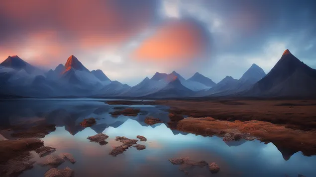 Cloudscape colorido de colinas y lago 4K fondo de pantalla