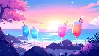 Colorful Cocktails on Beach at Sunset in Tropical Paradise Setting 8K wallpaper