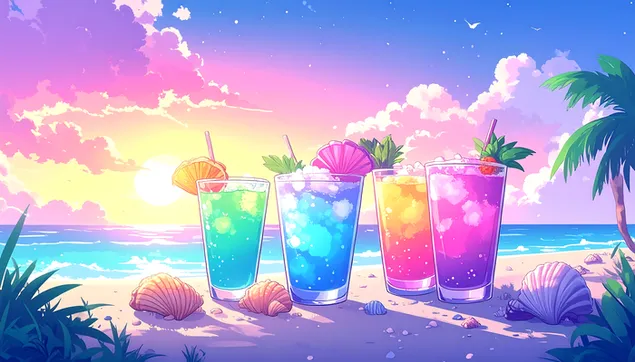 Šareni kokteli na pješčanoj plaži sa zalaskom sunca i palmom 8K pozadina