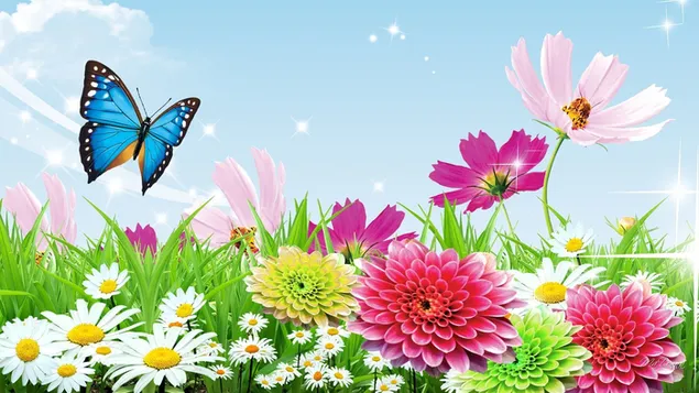 Bunte Blumen und blauer Schmetterling HD Hintergrundbild
