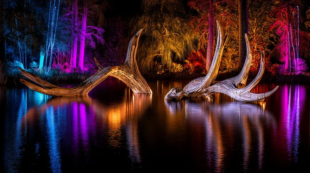 Kleurrijke verlichte drijfhoutkunst weerspiegeld in donkere vijver 2K achtergrond