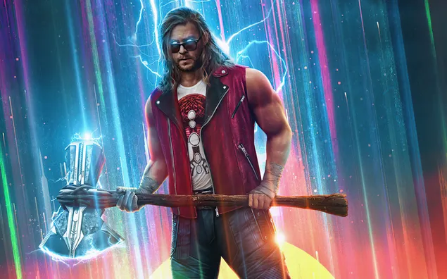 posteri me ndricim shumengjyresh i aktorit te filmit thor: love and thunder duke mbajtur nje cekic te madh shkarkim