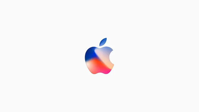 Logo berwarna-warni dari logo merek Apple digambar dengan latar belakang putih polos