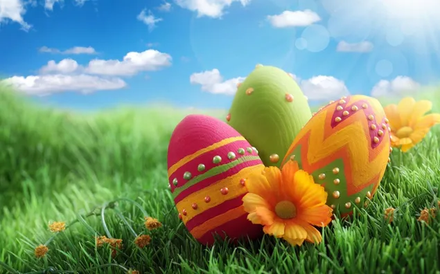 Ous estampats de colors i Pasqua al paisatge del cel blau HD fons de pantalla