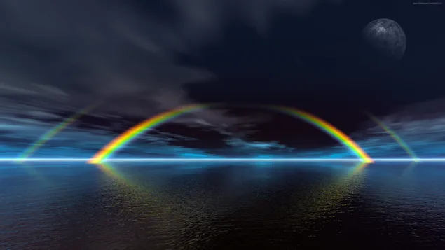 Colorful rainbow over the sea with dark clouds and full moon view