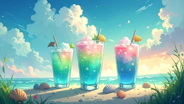 sarena ljetna pica na plazi s pogledom na okean i oblacnim nebom preuzmi