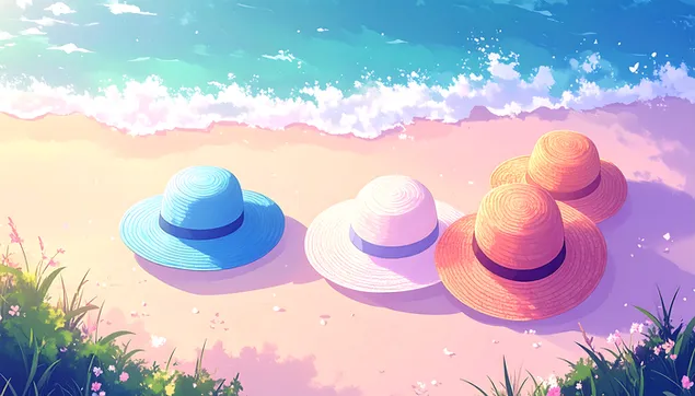 sareni ljetni sesiri odmaraju se na mirnoj pjescanoj plazi okruzeni blagim oceanskim valovima preuzmi