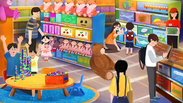 Kolorowa scena przygód w sklepie z zabawkami dla dzieci i pokoi zabaw 4K tapeta