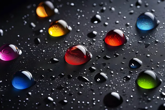 Gotes d'aigua de colors sobre una superfície negra elegant 2K fons de pantalla
