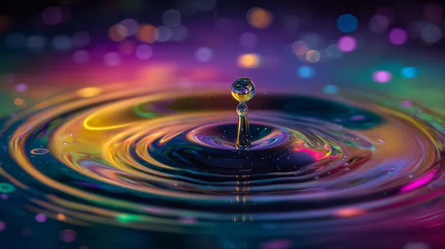 Šareni prskanje vode s jednom kapljicom i bokeh efektom 2K pozadina