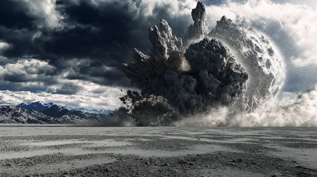 Kolosalus meteorito smūgis su sprogiu dulkių debesiu 2K ekrano užsklanda