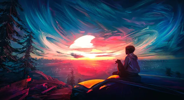 Colourful sunset & alone boy  4K wallpaper