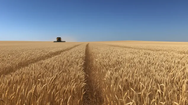 Cosechadora combinada trabajando en un extenso campo de trigo maduro 2K fondo de pantalla
