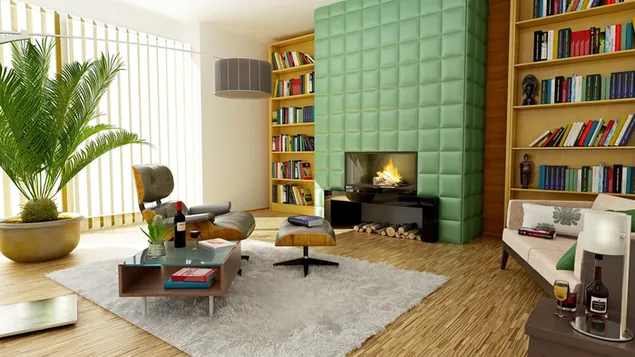 Cómoda biblioteca de sillones y sala con chimenea de chapa verde 4K fondo de pantalla