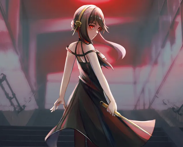 漫画系列间谍 x 家庭动漫女孩穿着黑色连衣裙浅色长发 2K 壁纸