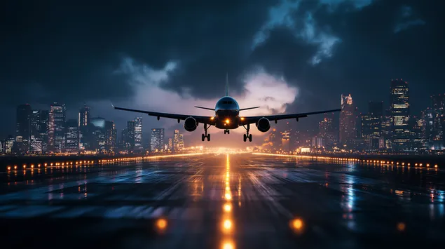 طائرة تجارية على المدرج تقترب من أفق المدينة ليلاً 2K خلفية