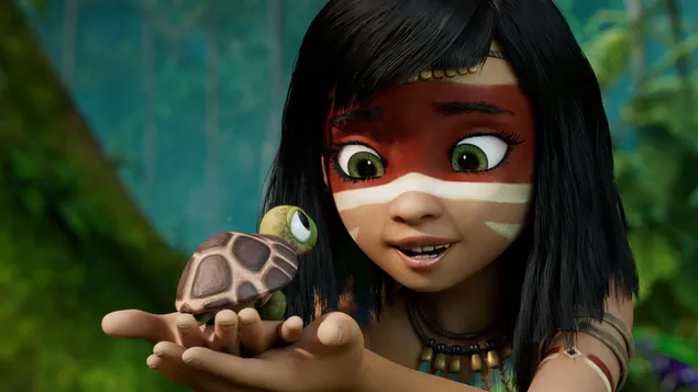Computer-geanimeerde avonturenfilm Spirit of the Amazon, anime-personage met een kleine schildpad uit de film Ainbo HD achtergrond