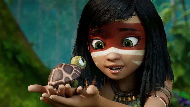Película de aventuras animada por computadora Spirit of the Amazon , personaje de anime que sostiene una pequeña tortuga de la película Ainbo