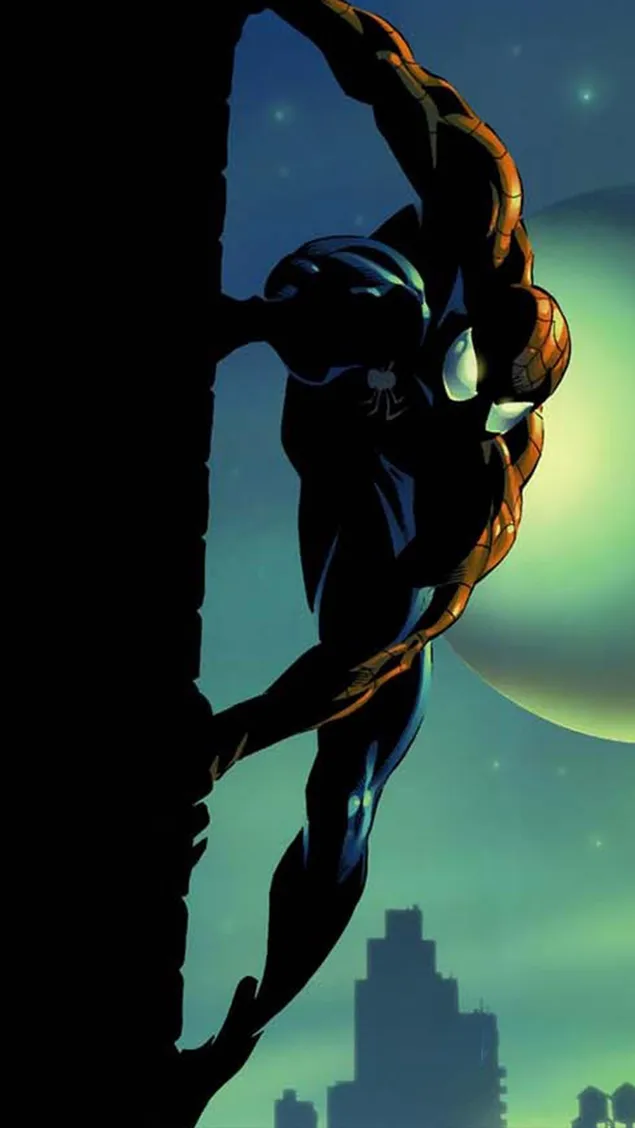 Ilustrasi animasi komputer dari karakter manusia laba-laba yang dibuat oleh komik ajaib dengan kostum hitam 2K wallpaper